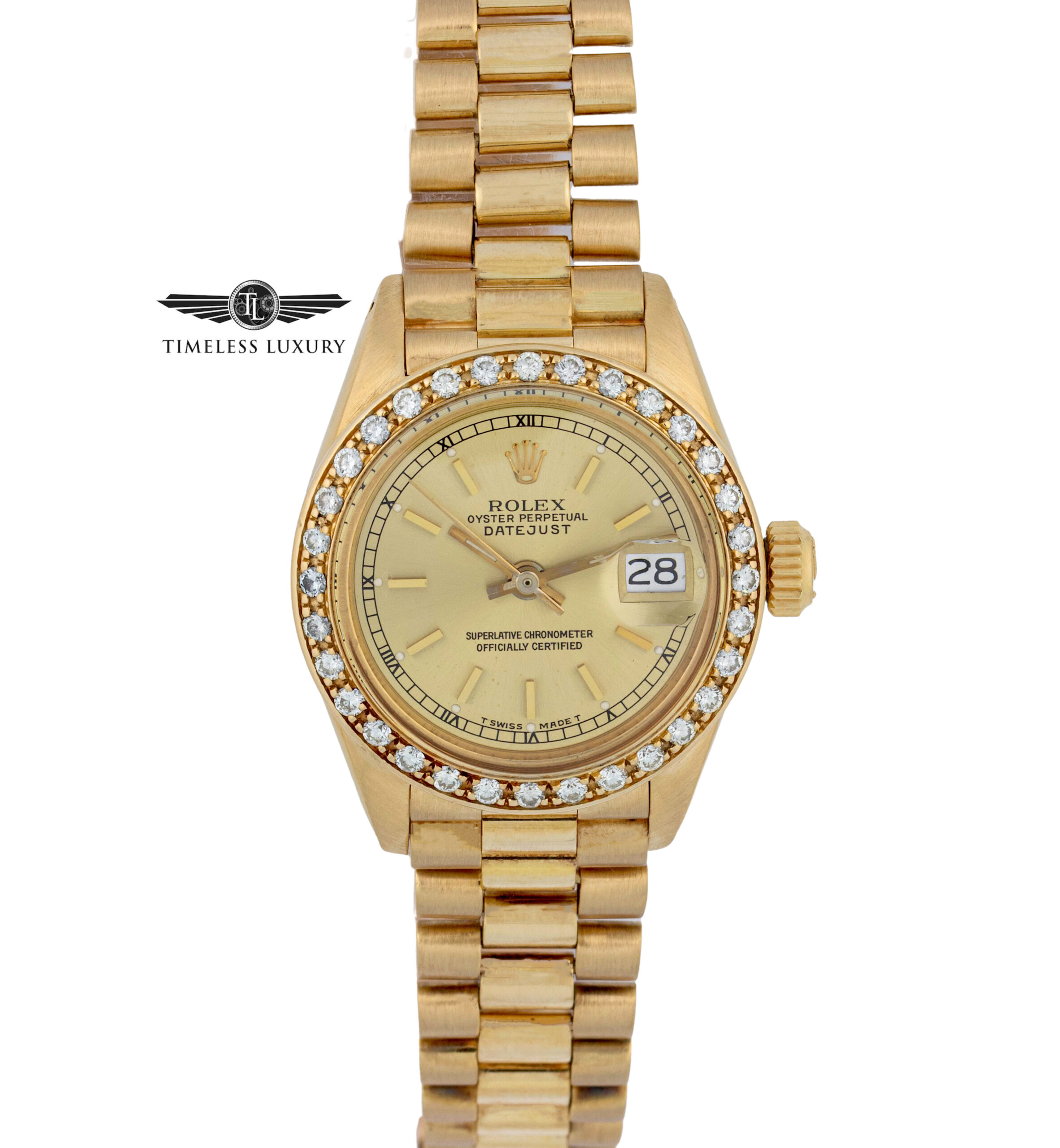 Ladies gold rolex 2024 with diamond bezel