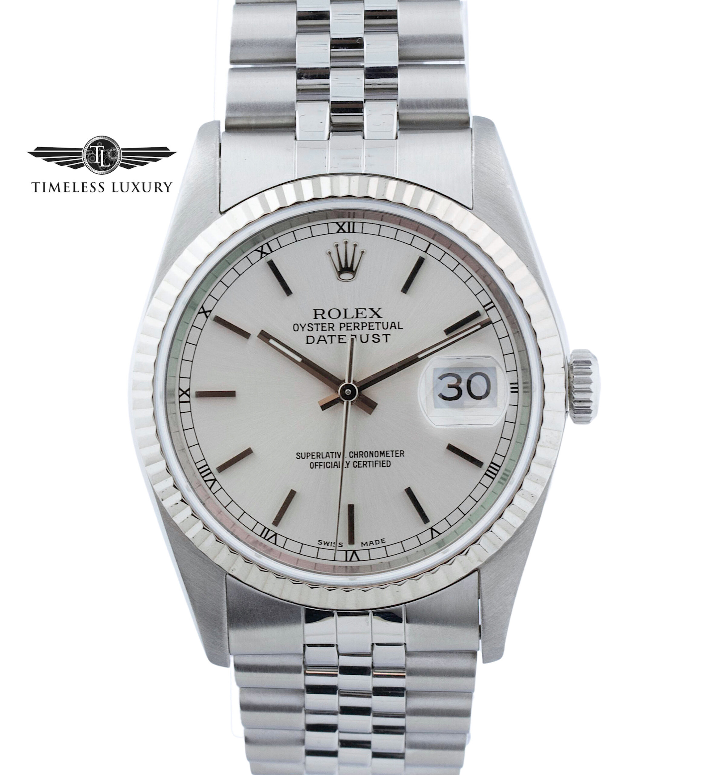 Kejserlig frakke gateway 1991 Rolex Datejust 16234 Stainless Steel 36mm Silver Dial Jubilee Watch