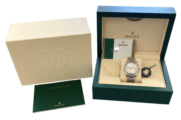 Rolex 114200 Silver dial box Card 600x398 - Rolex Oyster Perpetual 34mm