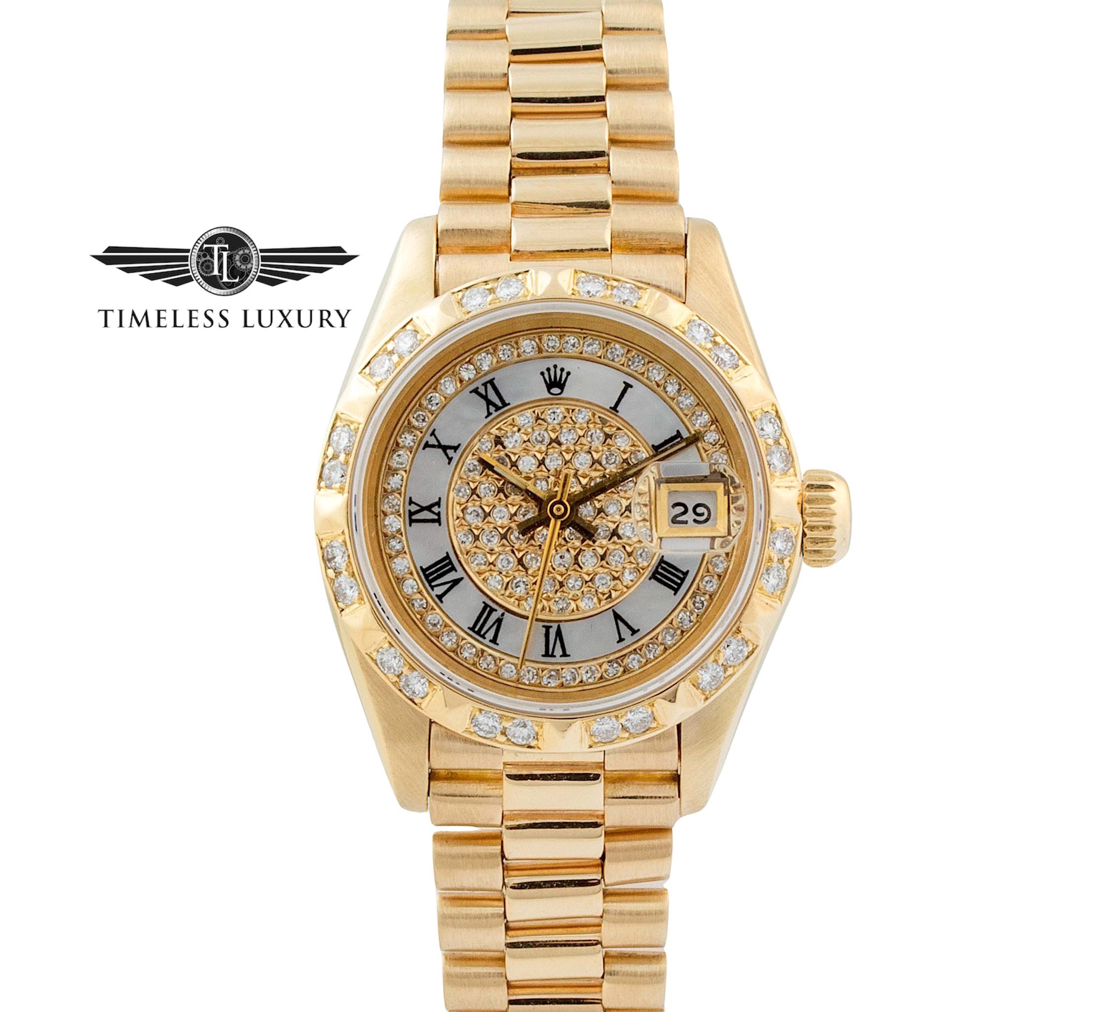 1990 Ladies Rolex President 69178 18k Gold 26mm Myriad Dial